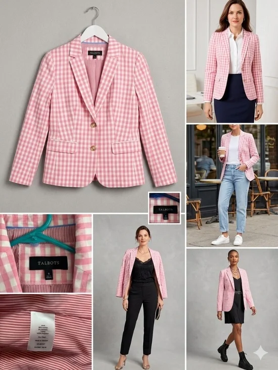 Talbots Classic Gingham Checked Blazer - Pink & White - Size 6 - Picture 1 of 2